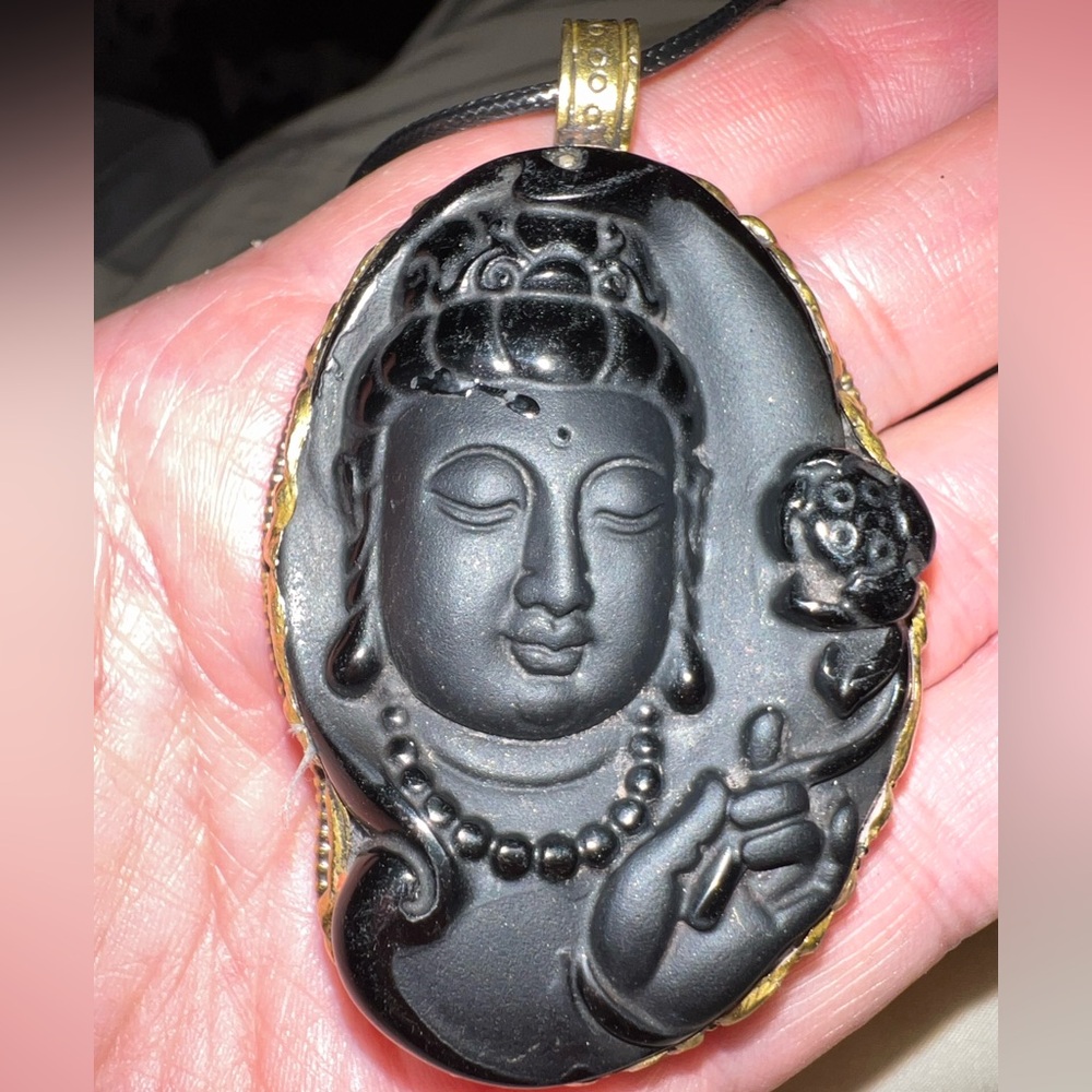 Obsidian Carved Goddess Gigantic Pendant Handcrafted. About 2.5” L x 2” W